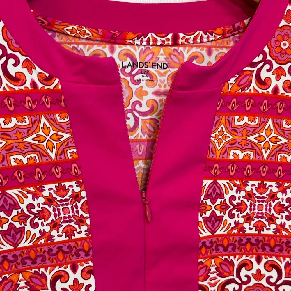 Lands End Womens L Petite Pink Orange Floral Rash Guard Swim Tunic Quarter Zip
